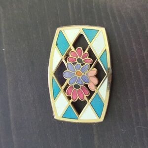 Vintage Cloisonne Brooch  Harlequin Pattern & Flowers in Blues/Reds